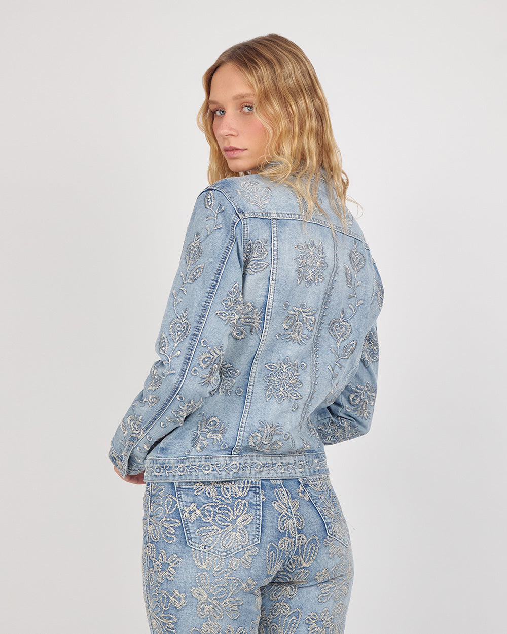 Light Blue Denim Jacket With Embroidered Flowers