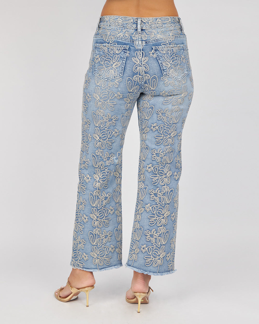 Light Blue Denim Pants With Embroidered Flowers