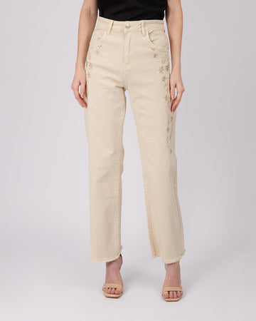 Beige Embroidered Jeans