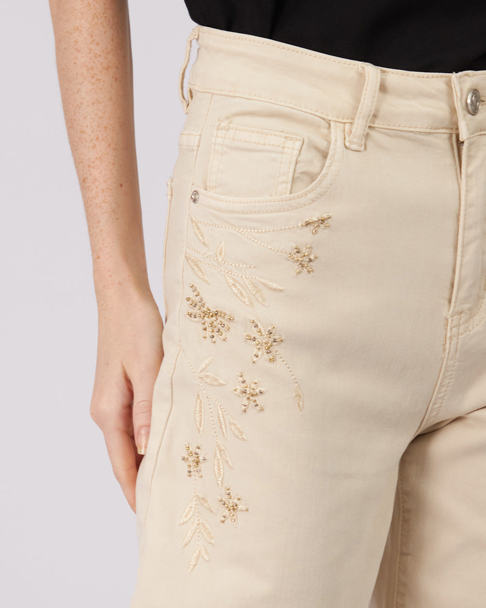 Beige Embroidered Jeans
