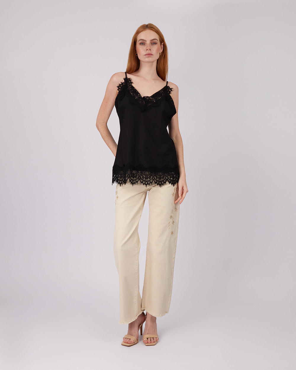 Beige Embroidered Jeans