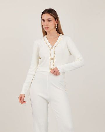 Cream Knit Cardigan With Gold Chain