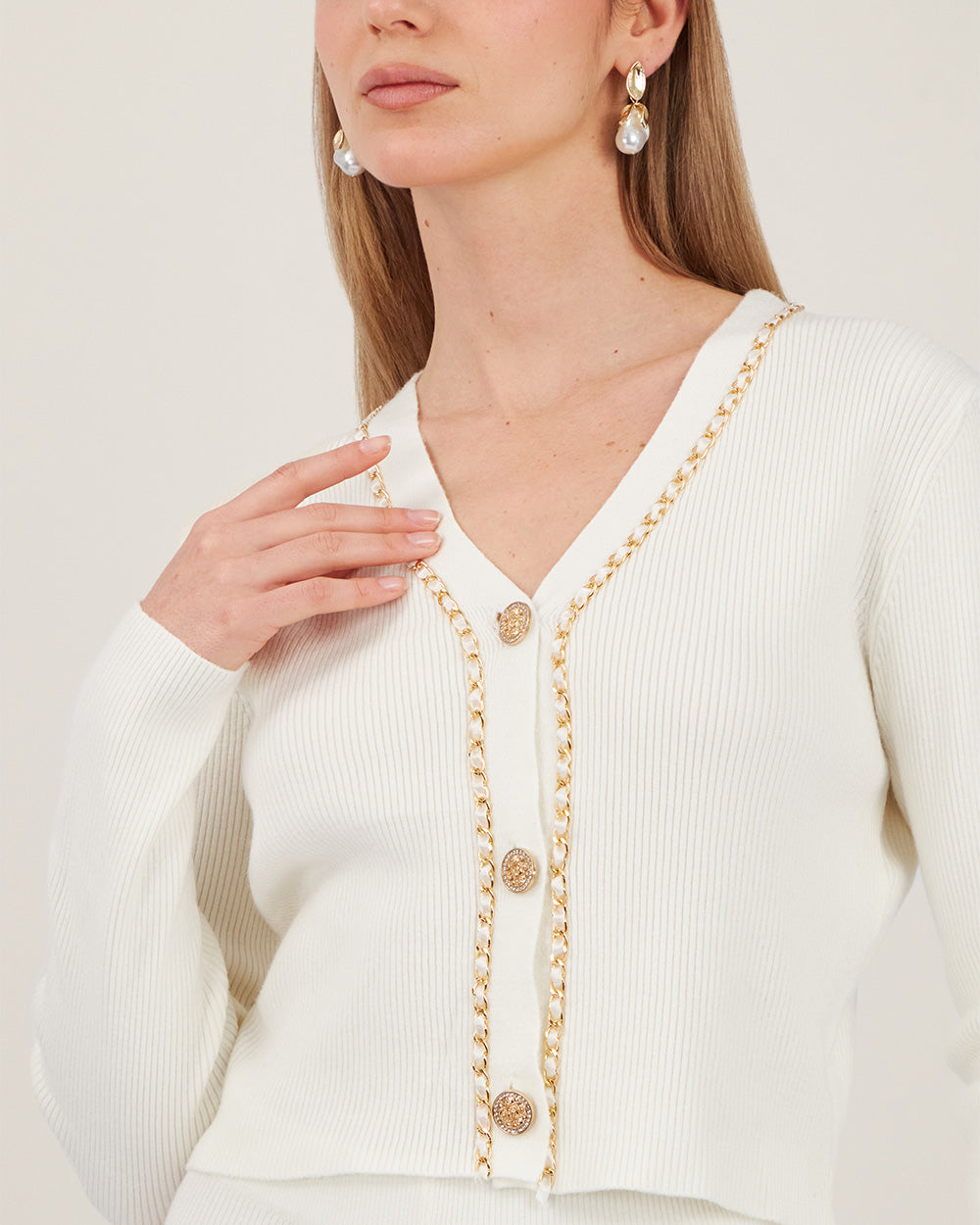 Cream Knit Cardigan With Gold Chain