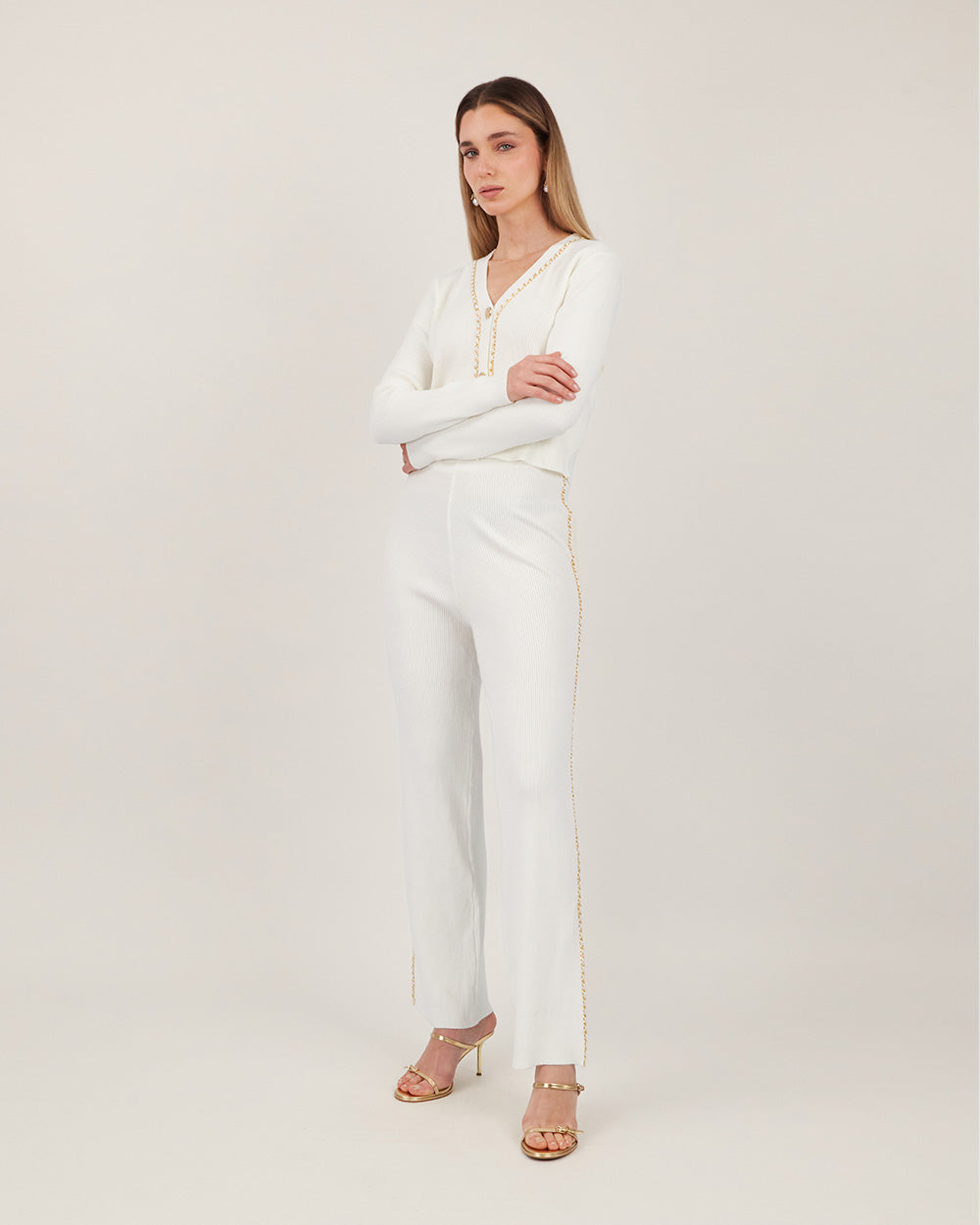 Cream Knit Cardigan With Gold Chain