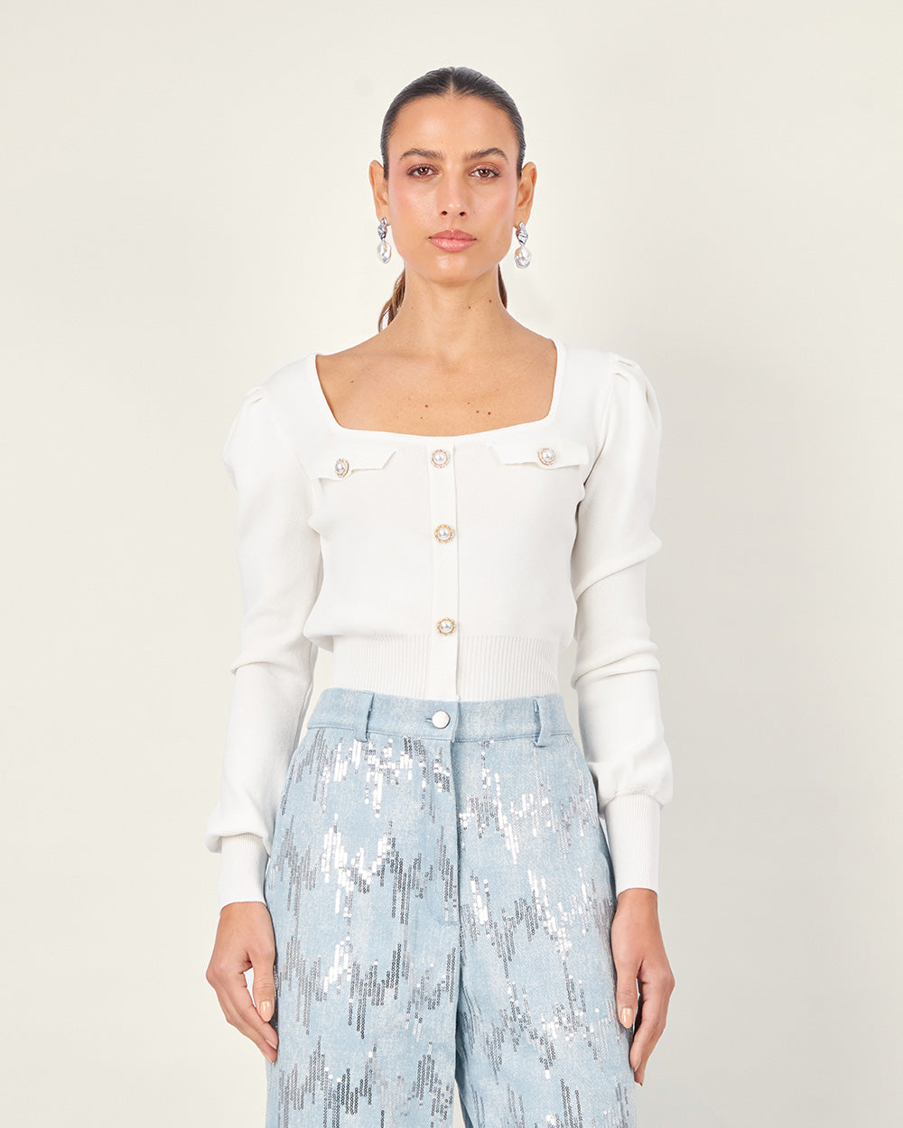 White Knit Square-Neck Cardiga