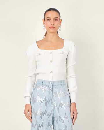 White Knit Square-Neck Cardiga