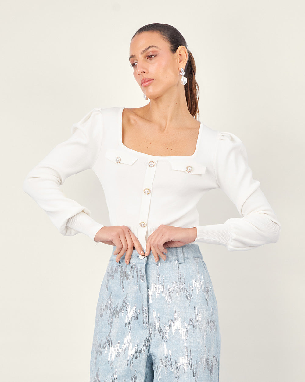 White Knit Square-Neck Cardiga