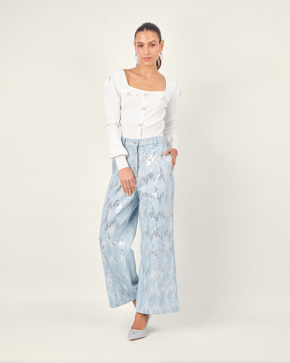 White Knit Square-Neck Cardiga