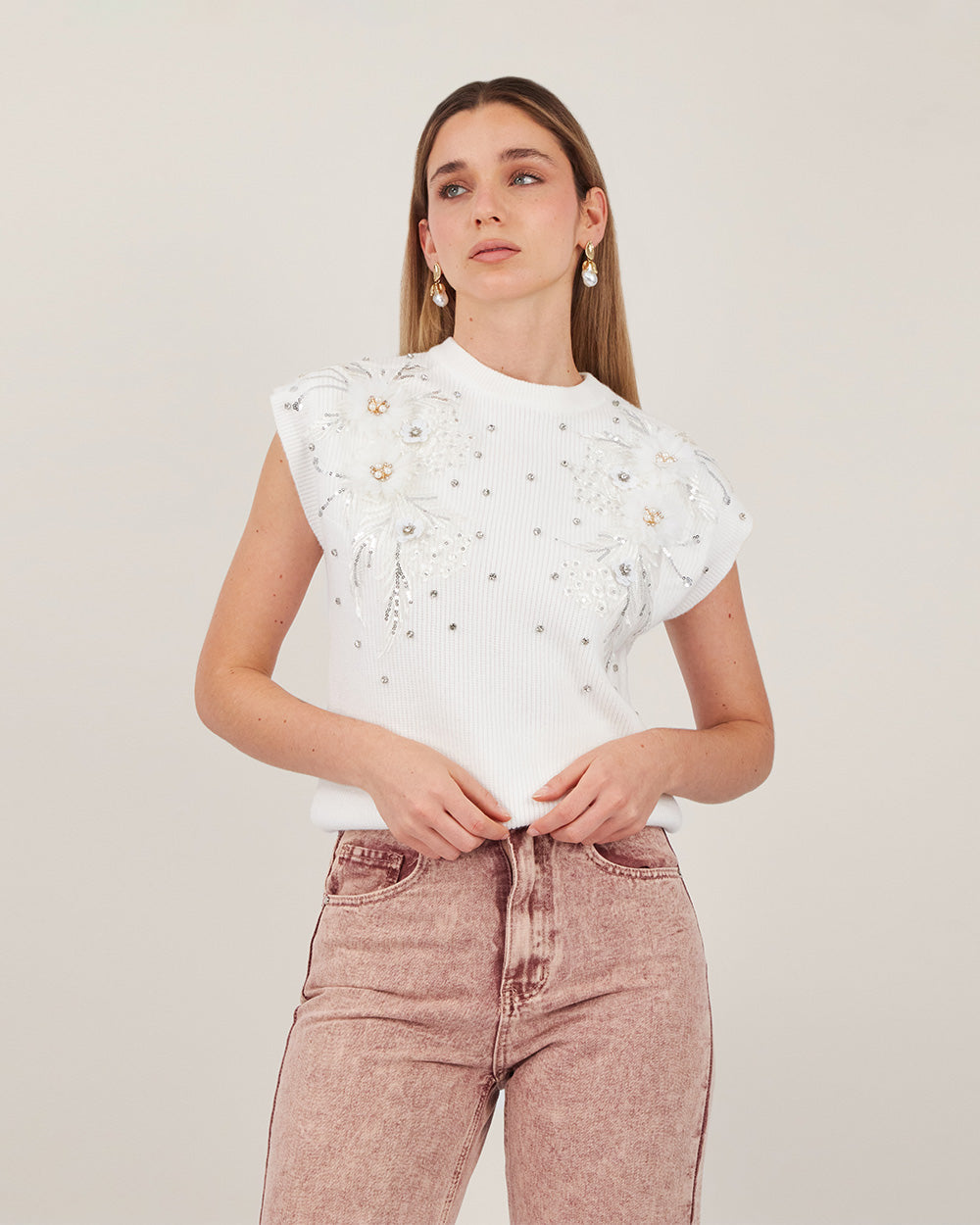 White Sweater With 3D Flowers