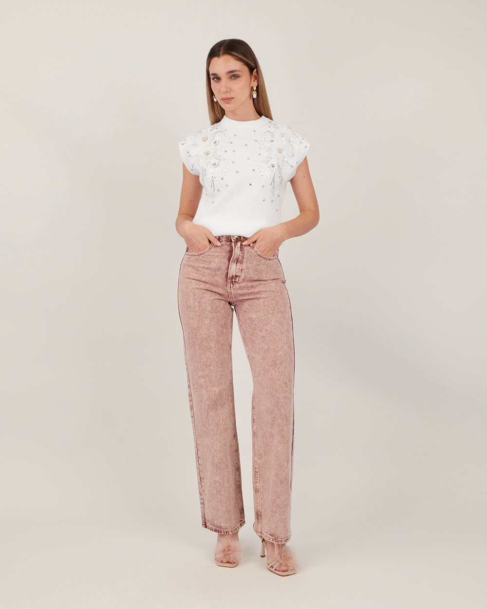 White Sweater With 3D Flowers