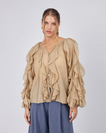 Beige Long Sleeve Blouse Ruffles