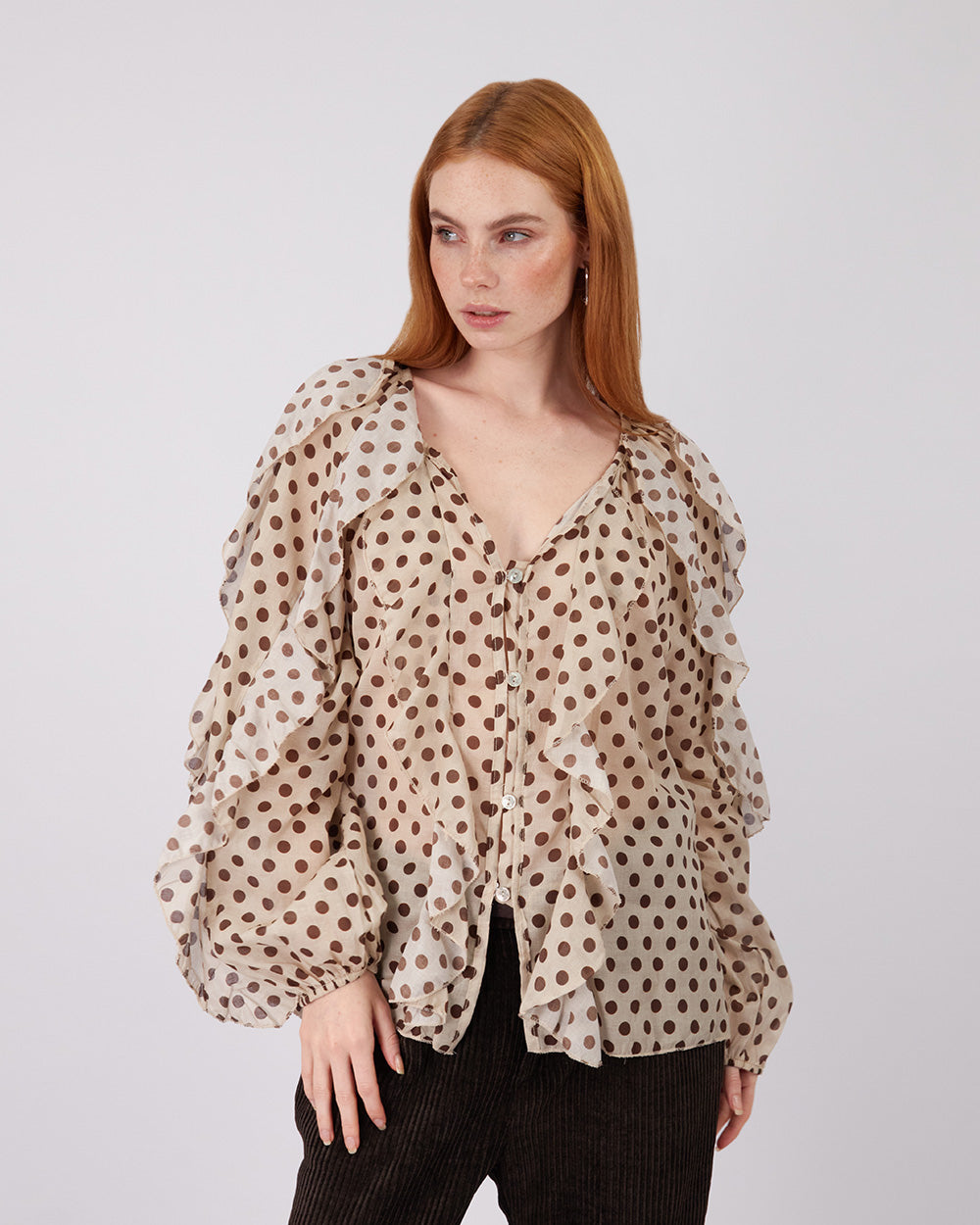 Cream Blouse Brown Polka Dots