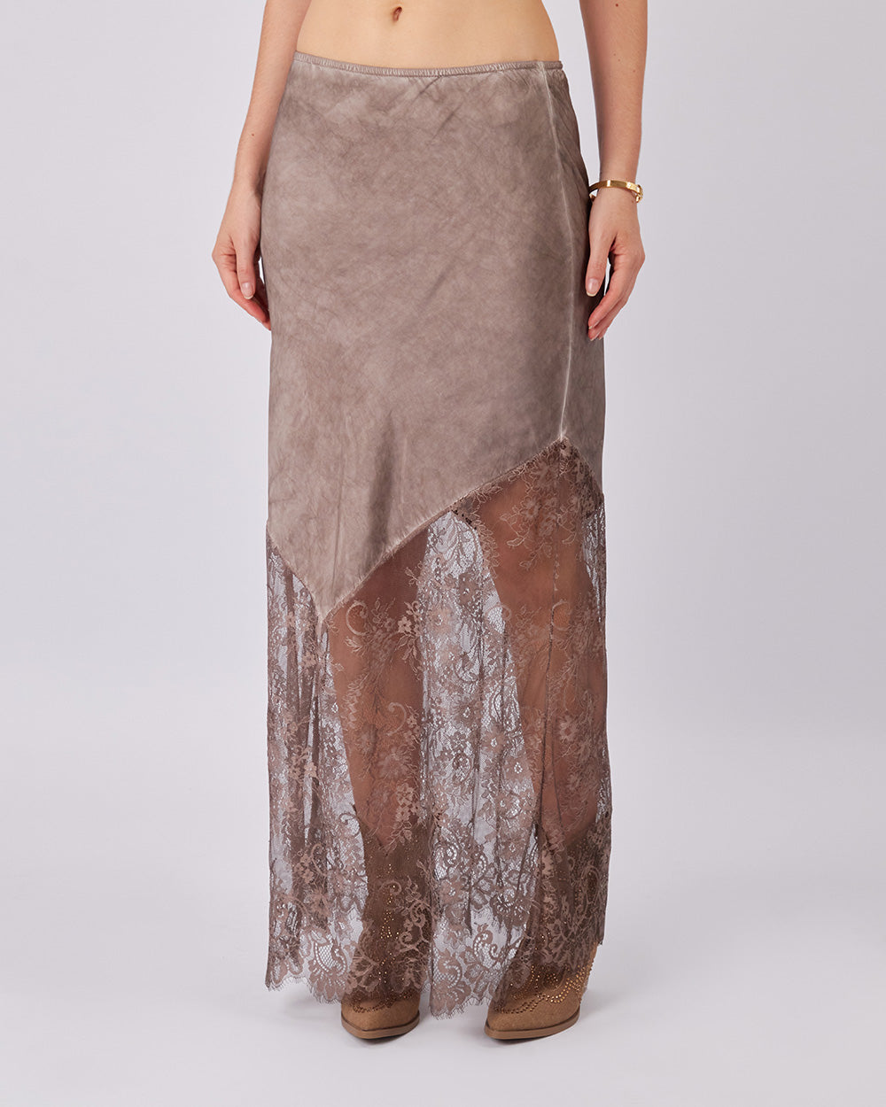 Sand Silk Skirt With Lace