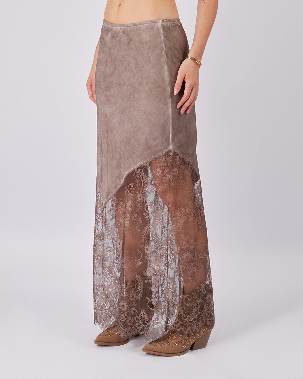 Sand Silk Skirt With Lace