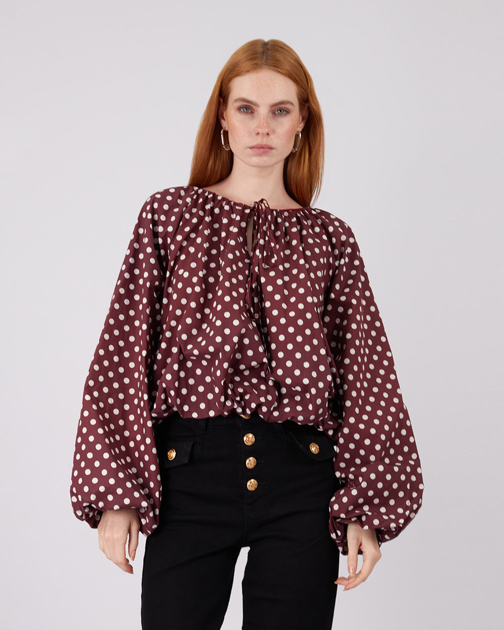 Burgundy Blouse White Polka Dots