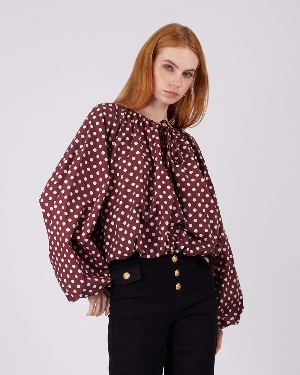 Burgundy Blouse White Polka Dots
