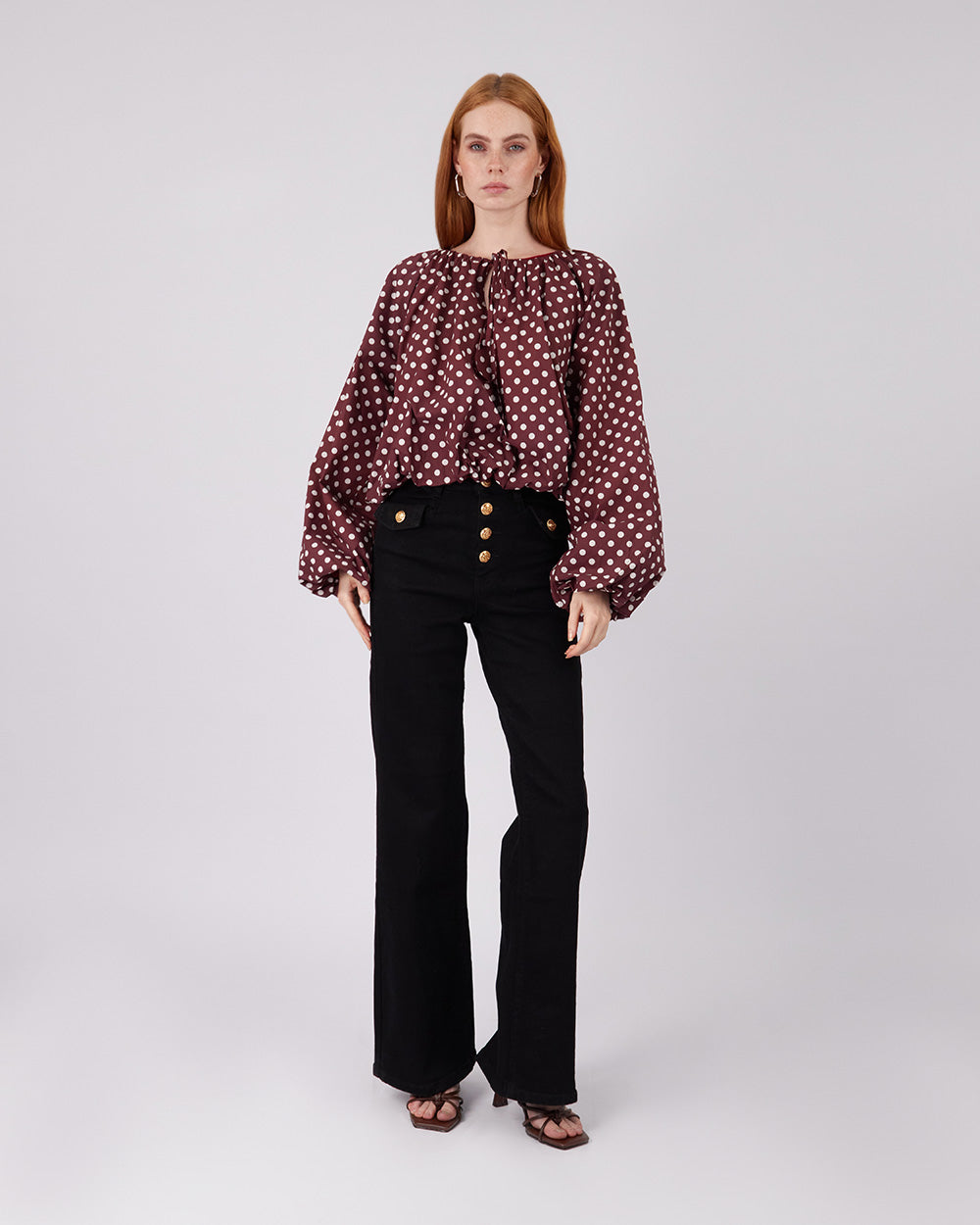 Burgundy Blouse White Polka Dots