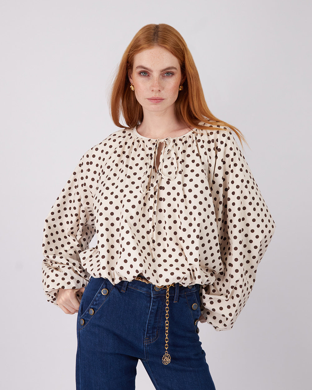 Cream Blouse Brown Polka Dots