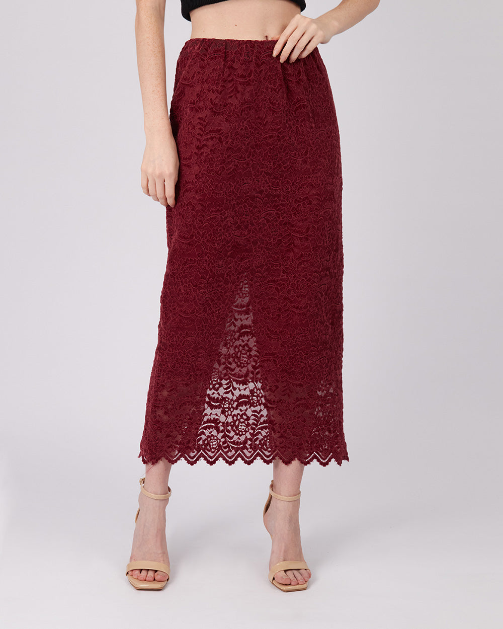 Burgundy Floral Lace Midi Skirt
