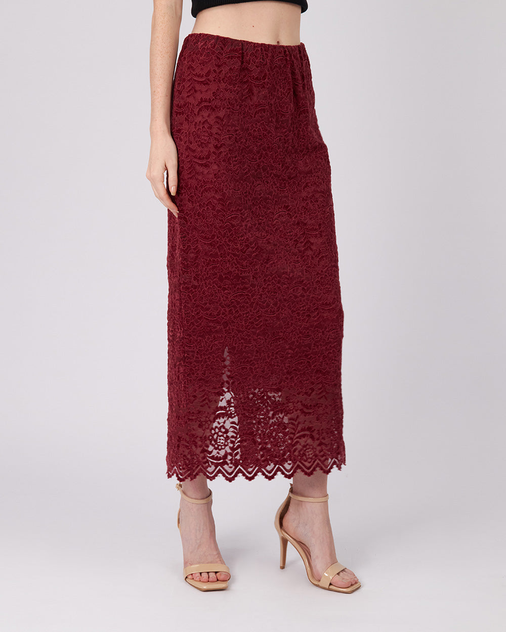 Burgundy Floral Lace Midi Skirt
