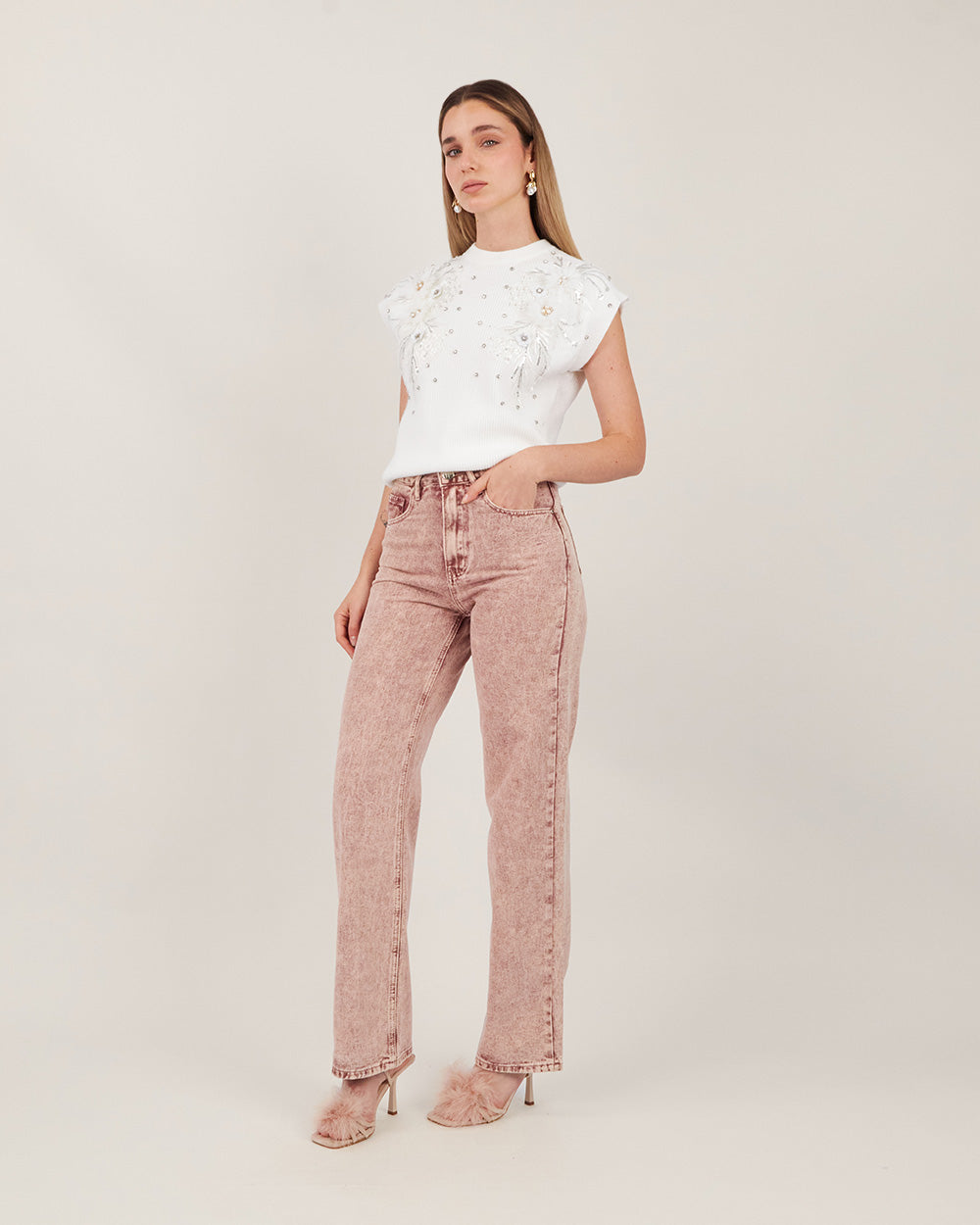 Pink Washed Denim Straight Leg Pants