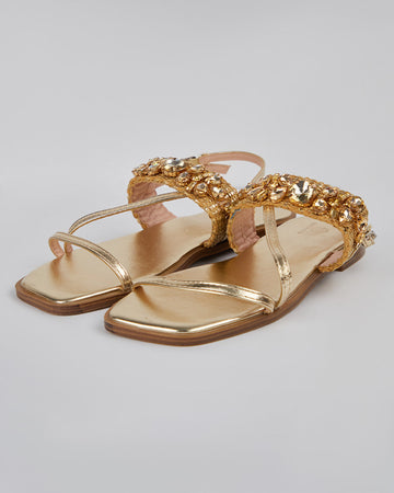 Gold Flat Sandal With Ankle Stones
