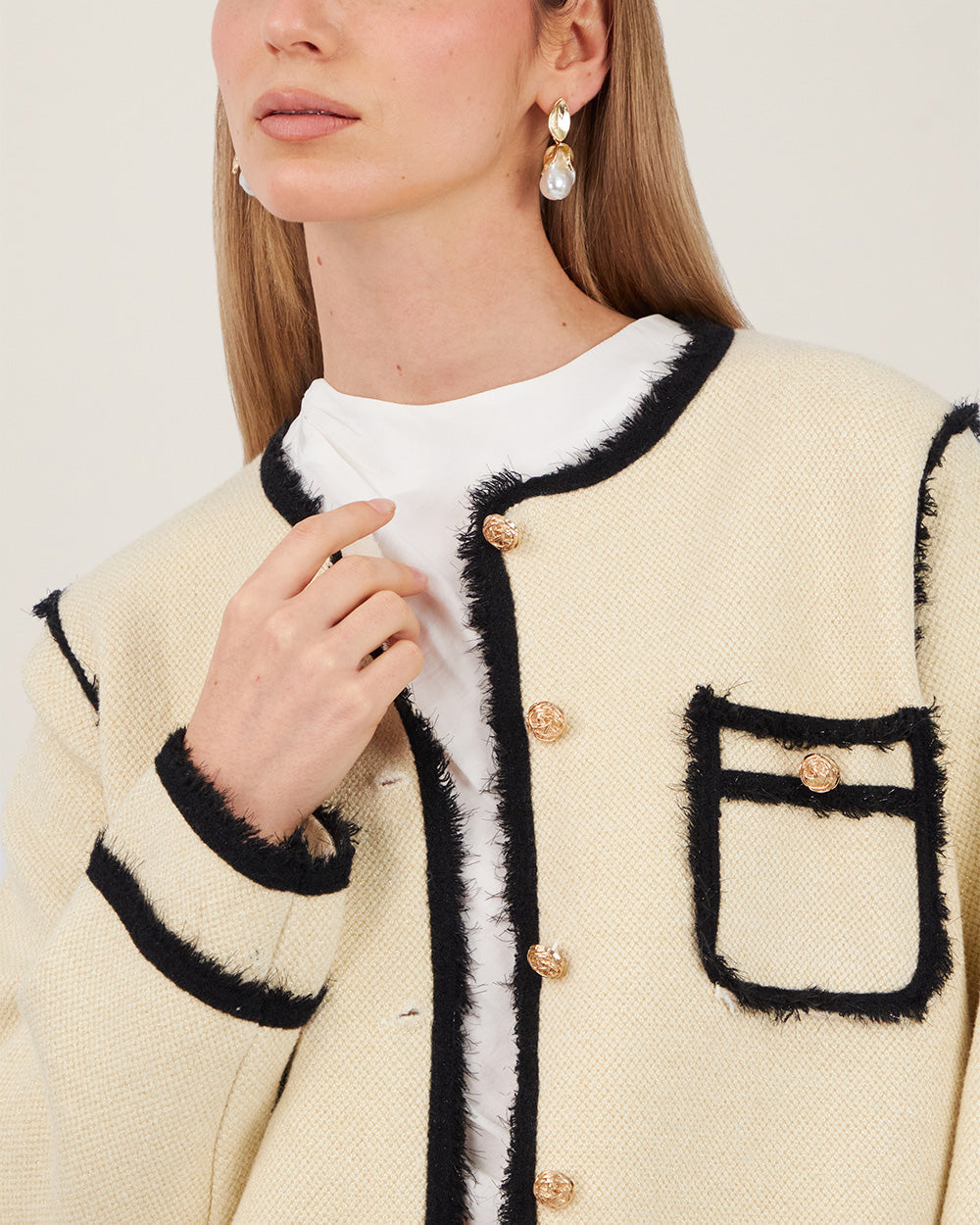 Cream Tweed Jacket With Black Edges