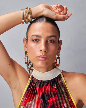 Gold Square Earrings With Red Stones