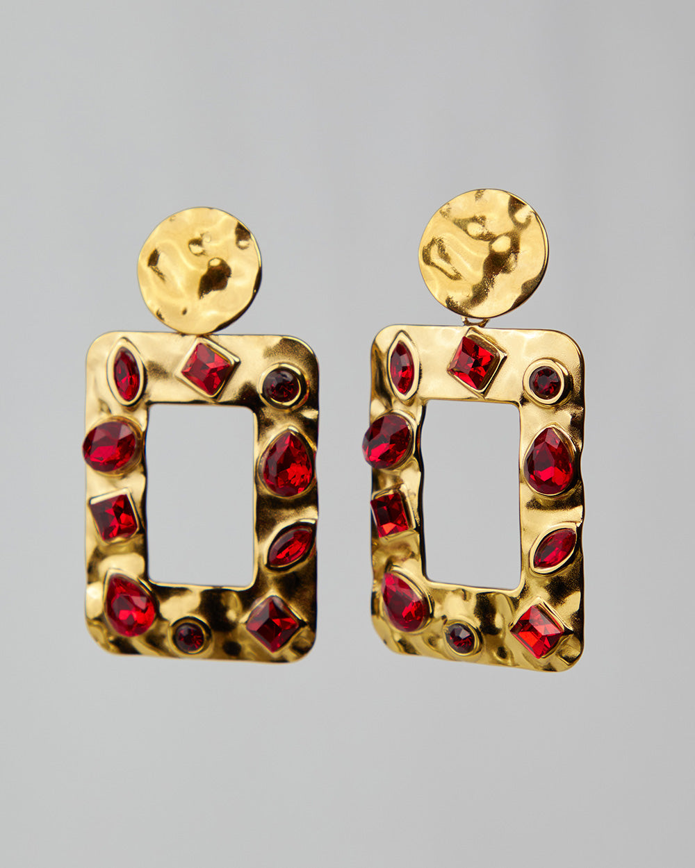Gold Square Earrings With Red Stones