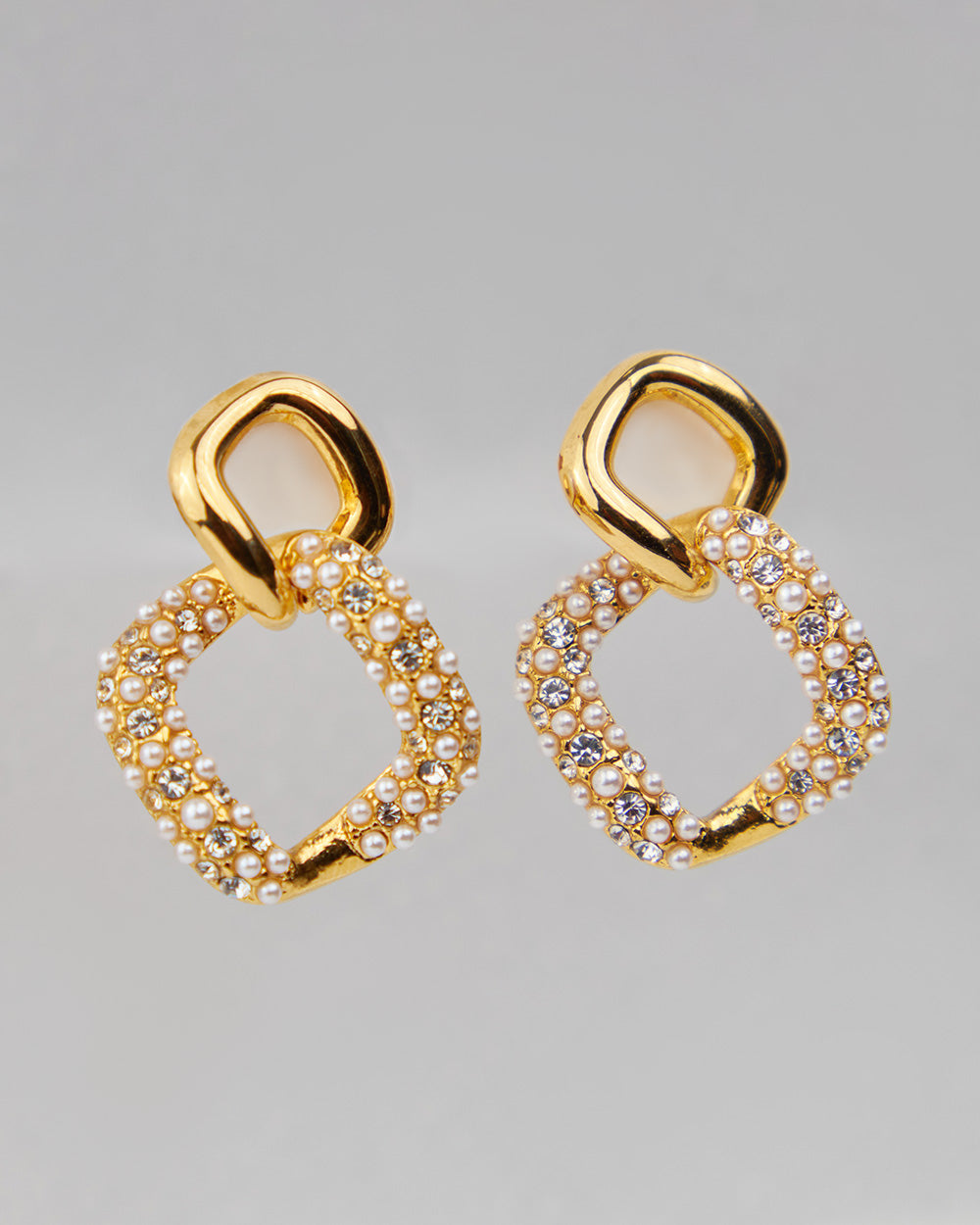 Double Square Gold Earrings With Pearls