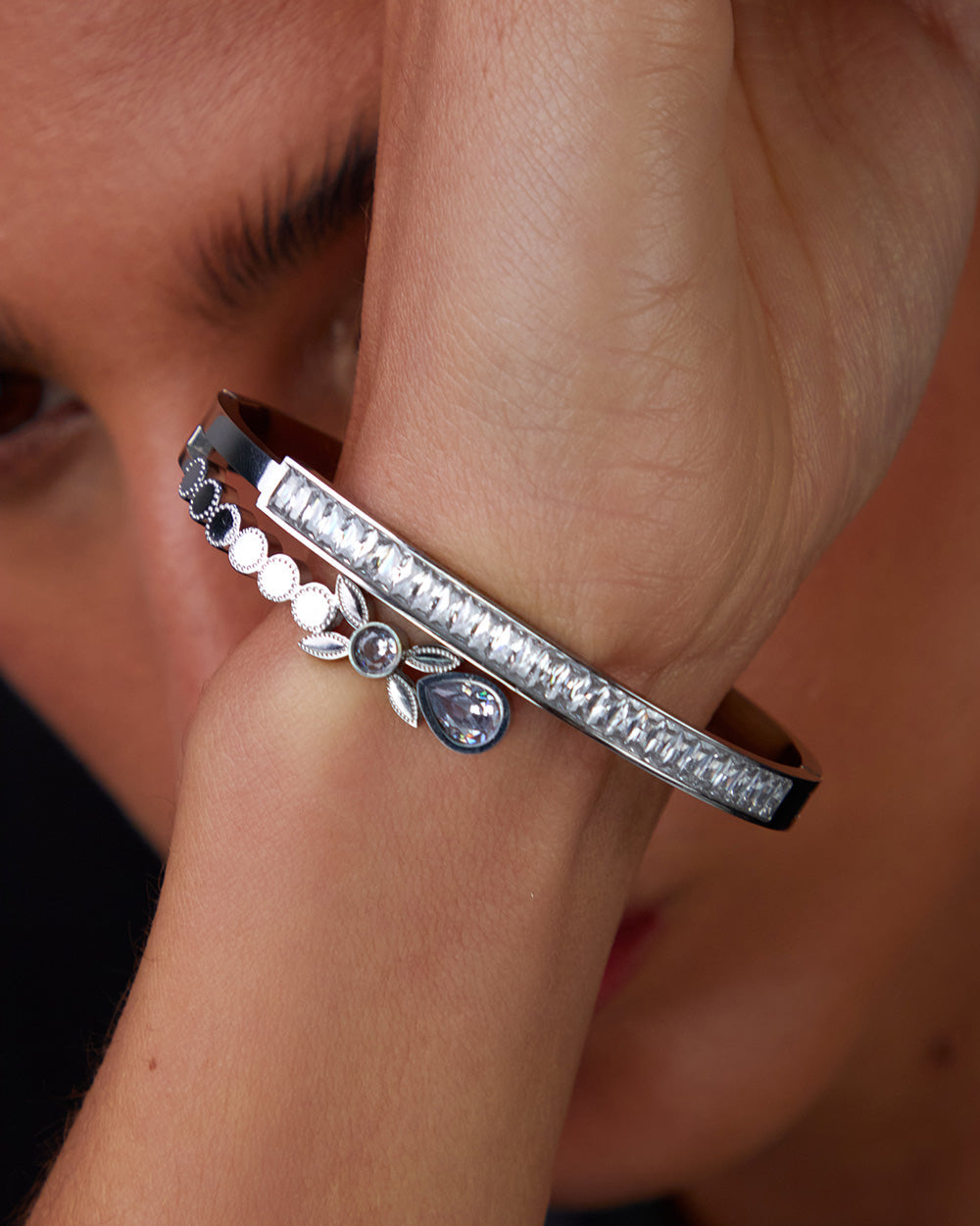 Silver Bracelet Strip Circles And Flower Figures