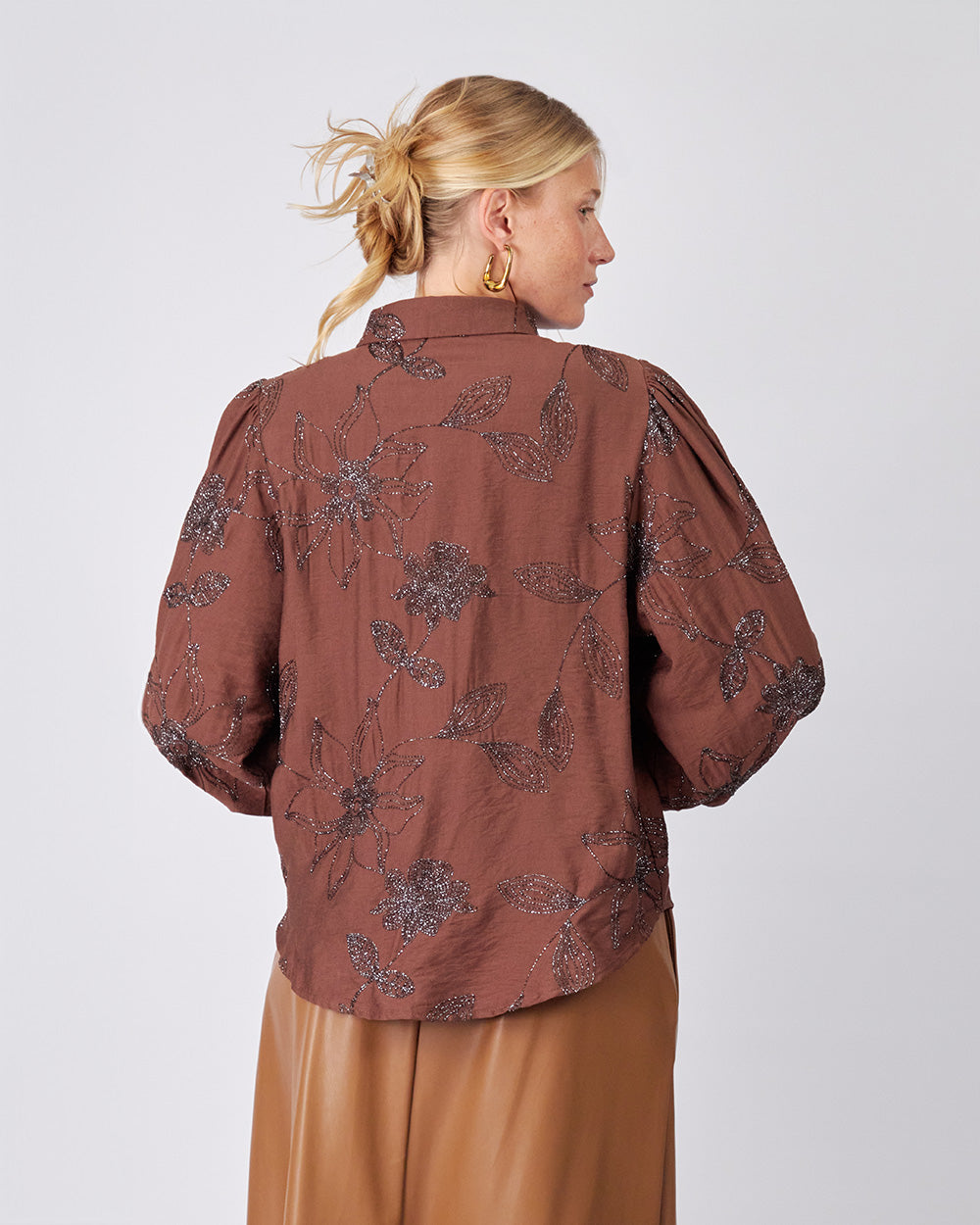 Brown Shirt Embroidered Flowers