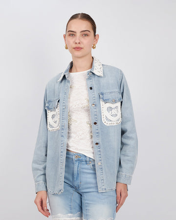 Light Blue Denim Jacket Embroidered Stones