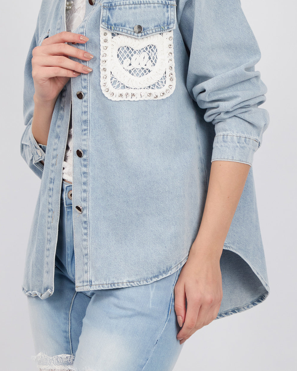 Light Blue Denim Jacket Embroidered Stones