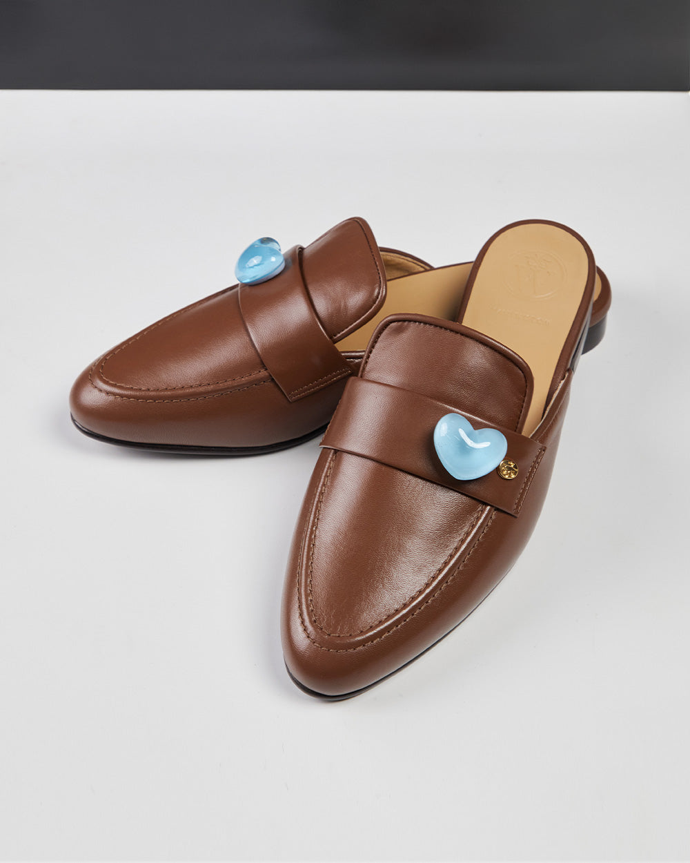 Flat Brown Leather Heart Light Blue