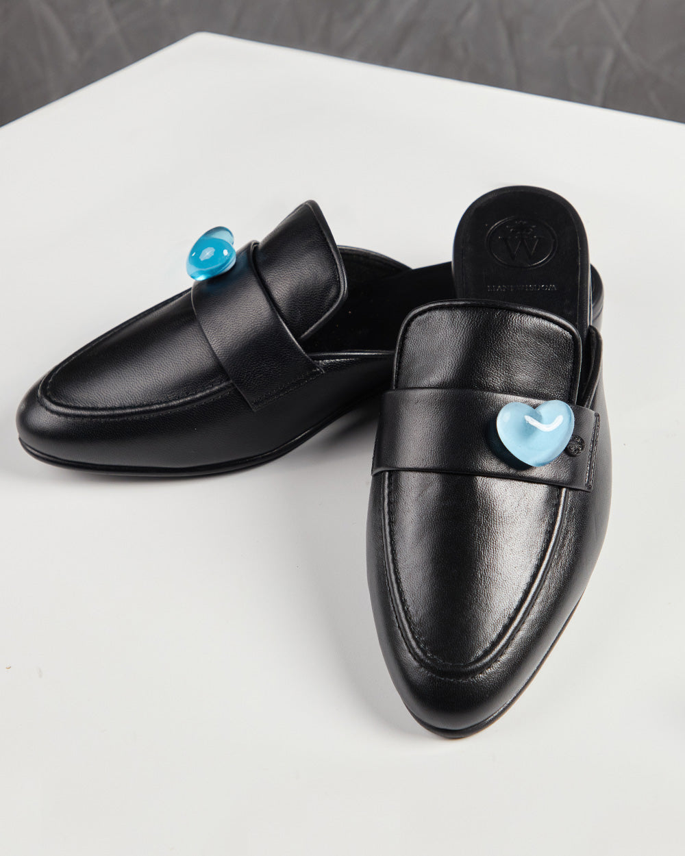 Flat Black Leather Light Blue Heart