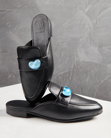 Flat Black Leather Light Blue Heart
