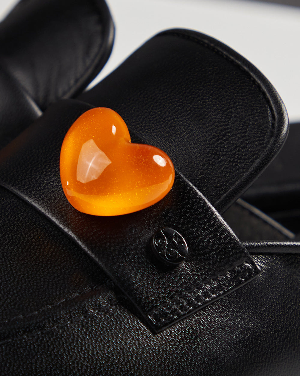 Flat Black Leather Orange Heart