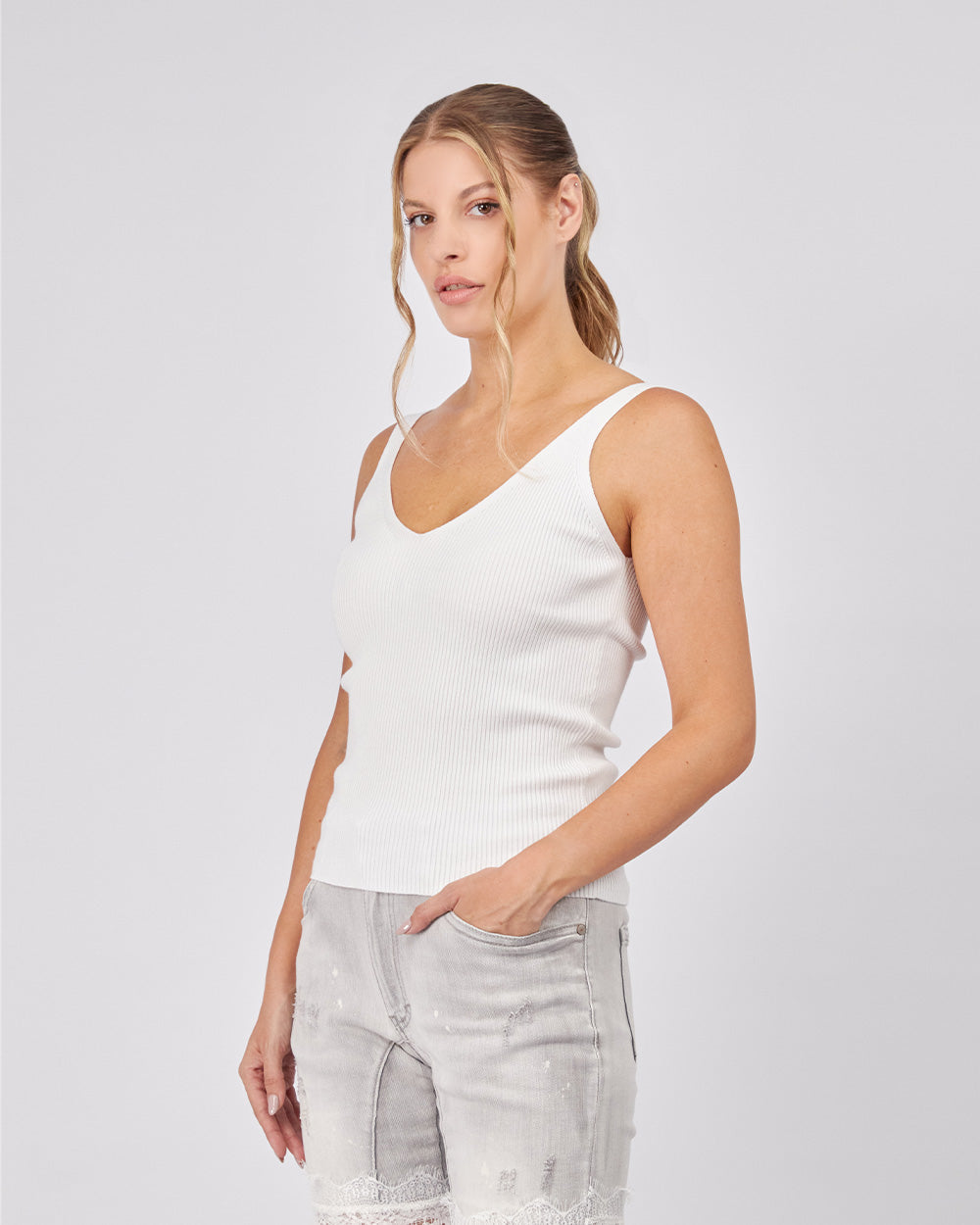 White Ribbed Knit Top