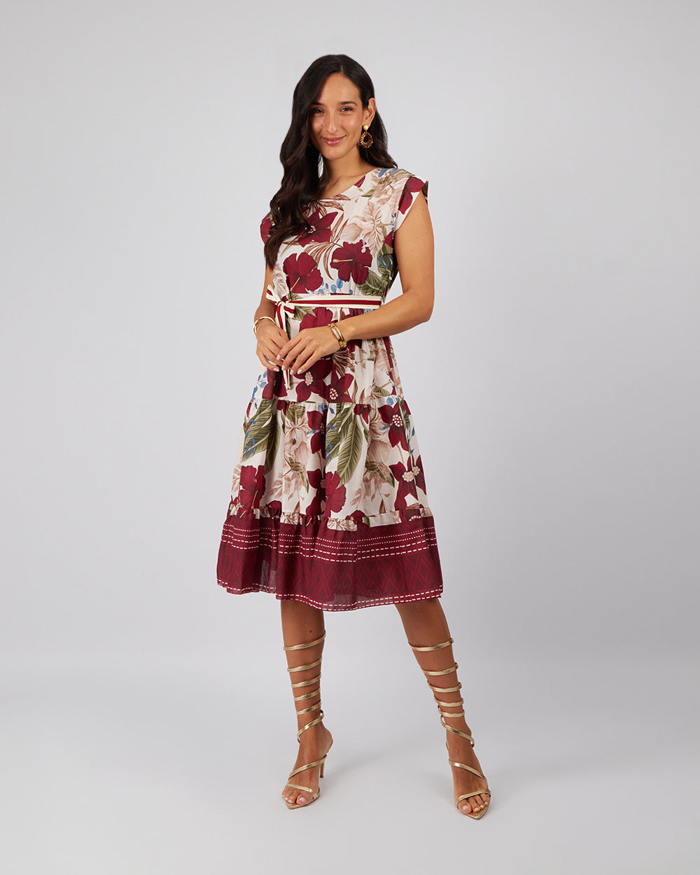 Cream Midi Dress Burgundy Flowers