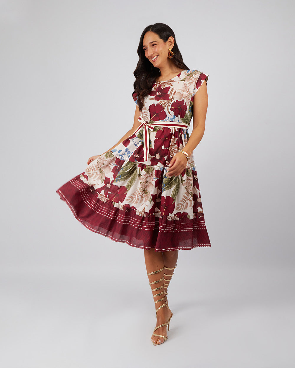 Cream Midi Dress Burgundy Flowers