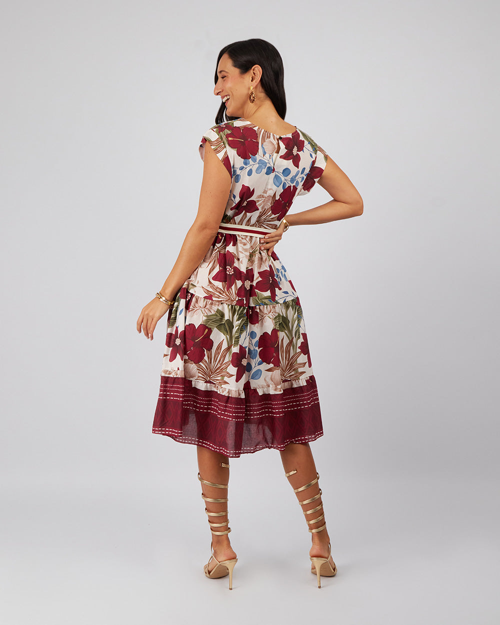 Cream Midi Dress Burgundy Flowers