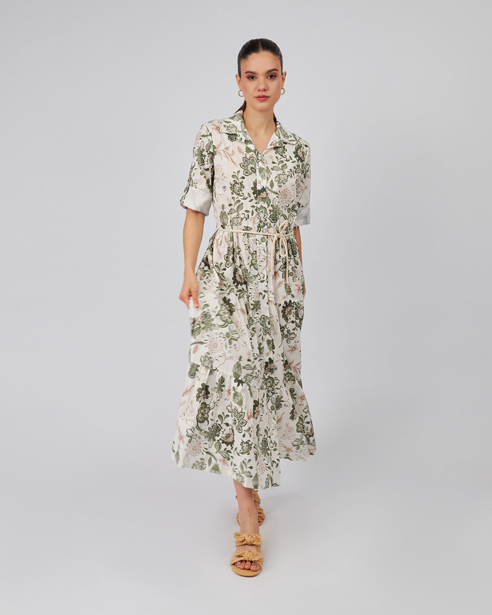 Cream Shirt Dress With Blue Floral Print