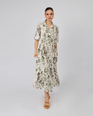 Cream Shirt Dress With Blue Floral Print