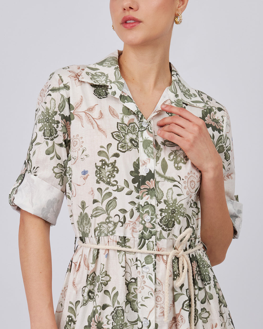 Cream Shirt Dress With Blue Floral Print