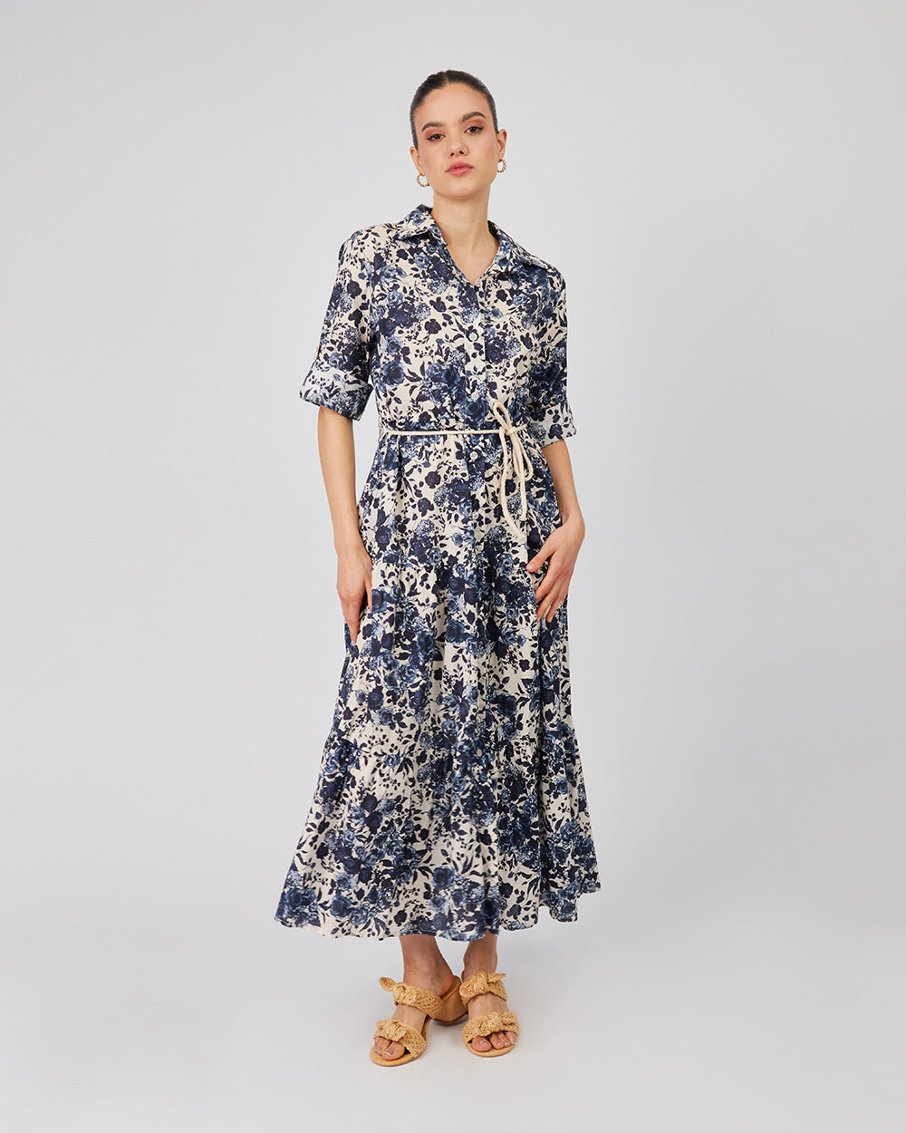 Cream Shirt Dress With Green Floral Print