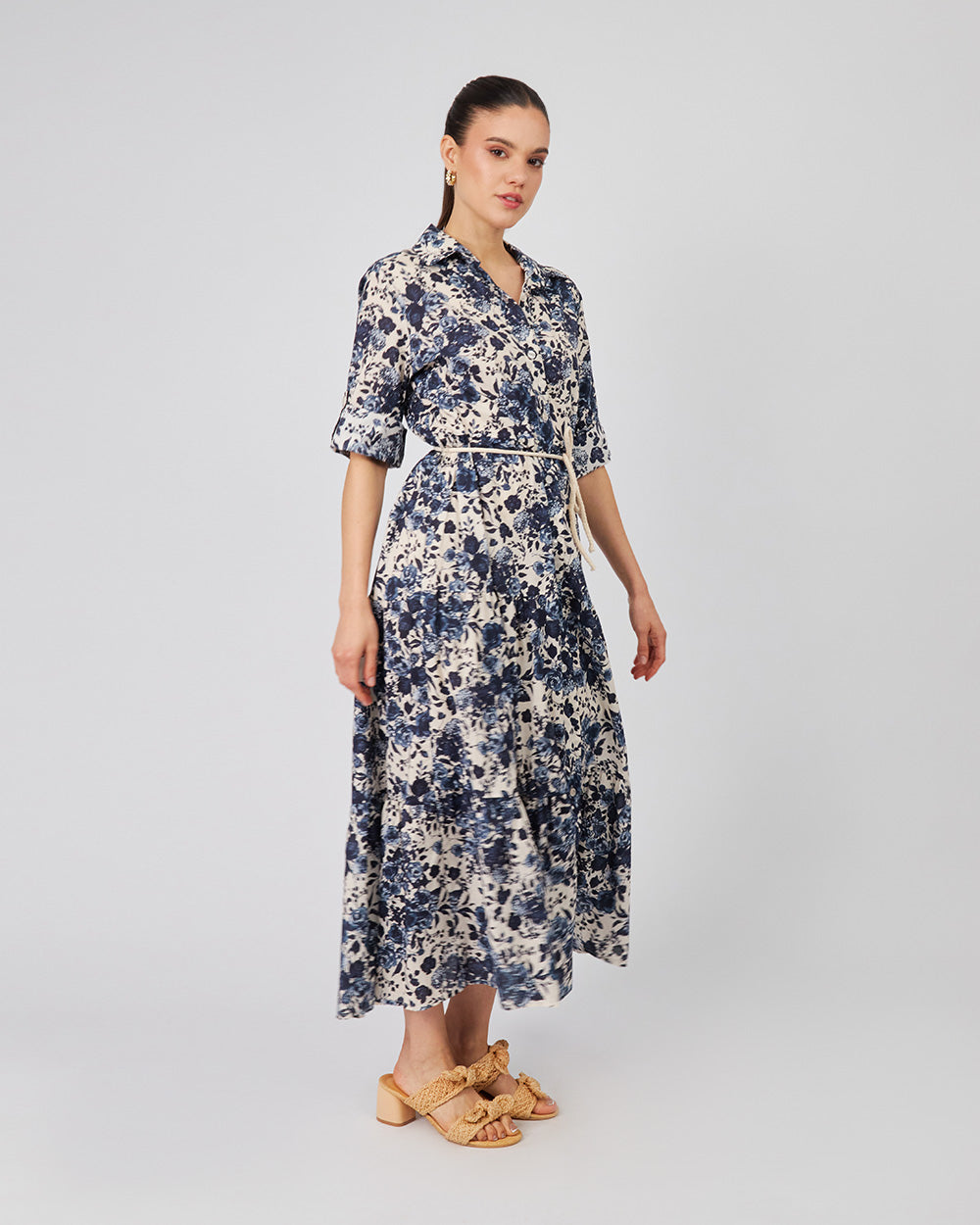 Cream Shirt Dress With Green Floral Print