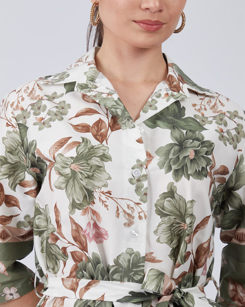 Midi Shirt Dres Green Floral Linens
