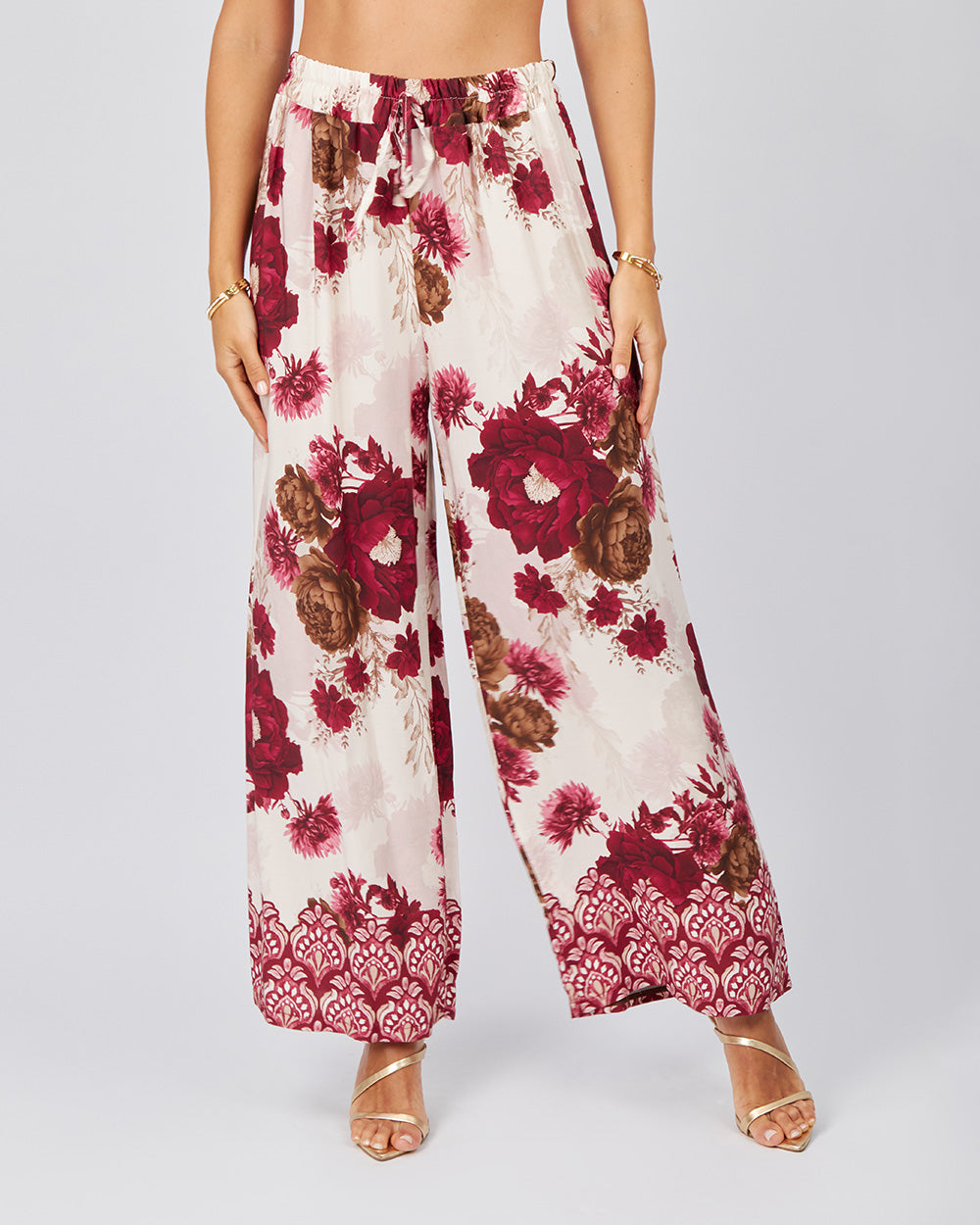 Cream Trousers Burgundy Flowers