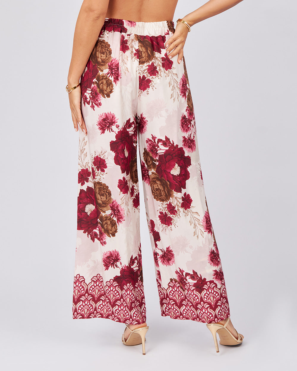 Cream Trousers Burgundy Flowers